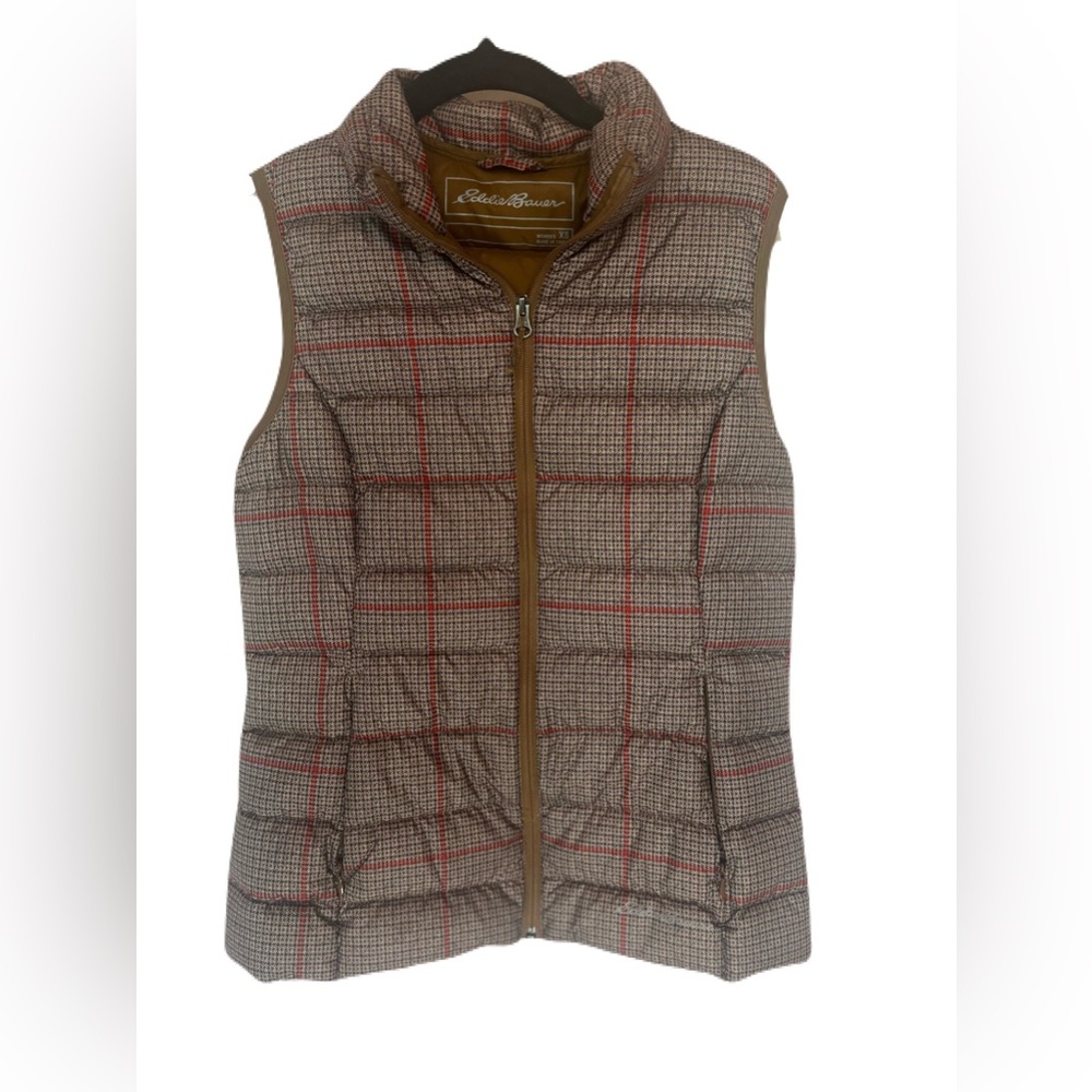 ❤️ EUC EDDIE BAUER 650 Down Puffer Vest in Brown & Red Plaid | Women’s XS